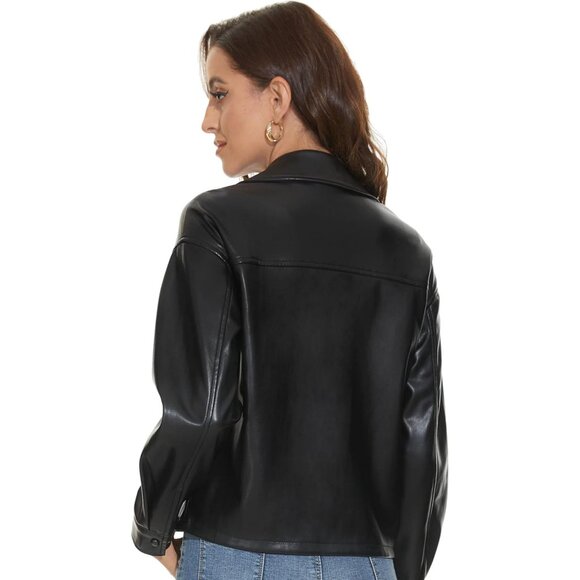 ✨ Women Black Faux Leather Shacket Loose Fit Long Sleeves Button Casual Jacket - Picture 4 of 6